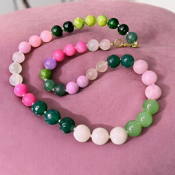 One of a Kind Handmade Genuine Gemstone Necklace Nature Colors Jade Quartz 18KGP - Picture 1 of 5